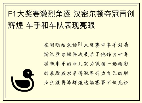 F1大奖赛激烈角逐 汉密尔顿夺冠再创辉煌 车手和车队表现亮眼