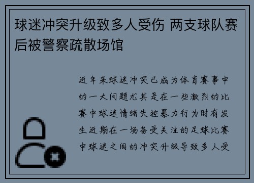 球迷冲突升级致多人受伤 两支球队赛后被警察疏散场馆