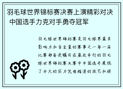 羽毛球世界锦标赛决赛上演精彩对决 中国选手力克对手勇夺冠军