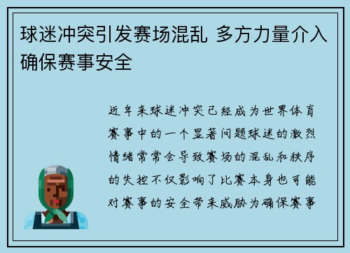 球迷冲突引发赛场混乱 多方力量介入确保赛事安全