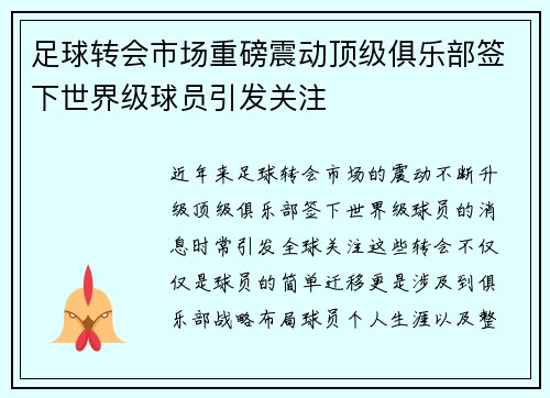 足球转会市场重磅震动顶级俱乐部签下世界级球员引发关注