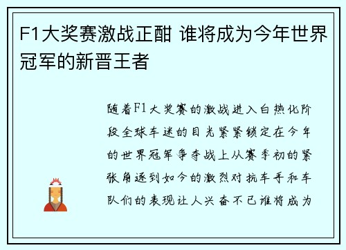 F1大奖赛激战正酣 谁将成为今年世界冠军的新晋王者