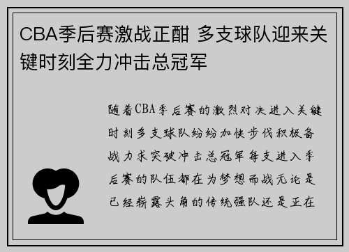 CBA季后赛激战正酣 多支球队迎来关键时刻全力冲击总冠军